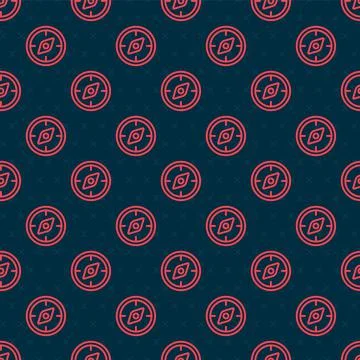 Red line Compass icon isolated seamless pattern on black background. Windrose Ilustración de archivo