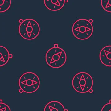Red line Compass icon isolated seamless pattern on black background. Windrose Ilustración de archivo