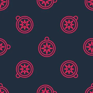Red line Compass icon isolated seamless pattern on black background. Windrose Illustrazione stock