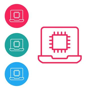 Red line Computer processor with microcircuits CPU icon isolated on white Stock Illustration