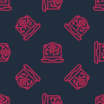 Red line Computer vision icon isolated seamless pattern on black background Illustrazione stock