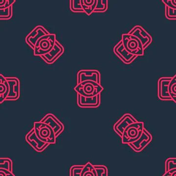 Red line Computer vision icon isolated seamless pattern on black background Stock Illustration