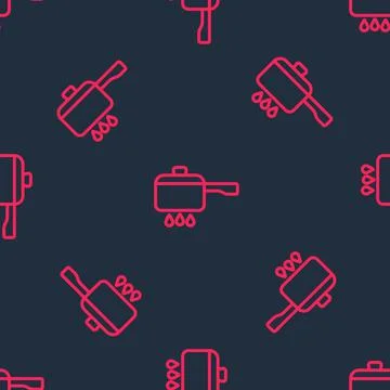 Red line Cooking pot on fire icon isolated seamless pattern on black background Stock Illustration