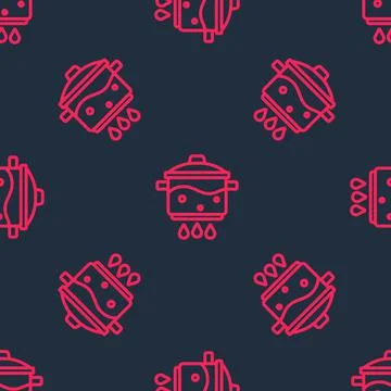 Red line Cooking pot on fire icon isolated seamless pattern on black background Stockillustratie