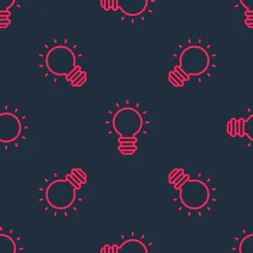 Red line Creative lamp light idea icon isolated seamless pattern on black Illustrazione stock