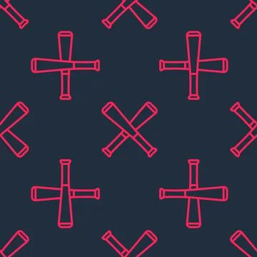 Red line Crossed baseball bat icon isolated seamless pattern on black background 스톡 일러스트