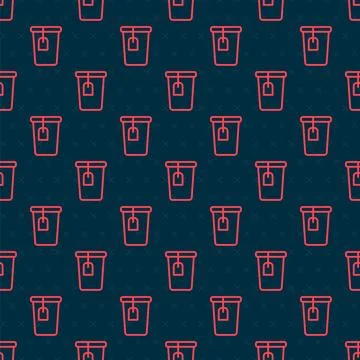 Red line Cup with tea bag icon isolated seamless pattern on black background. 스톡 일러스트