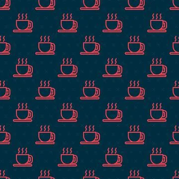 Red line Cup of tea icon isolated seamless pattern on black background. Vector Stockillustratie