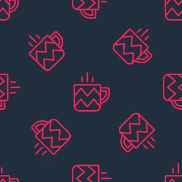 Red line Cup of tea icon isolated seamless pattern on black background. Vector 스톡 일러스트