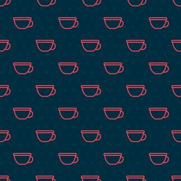 Red line Cup of tea icon isolated seamless pattern on black background.  Vect イラスト素材