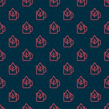 Red line Cup of tea with leaf icon isolated seamless pattern on black background Stock Illustration