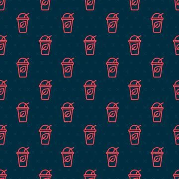 Red line Cup of tea with leaf icon isolated seamless pattern on black backgro Stock Illustration
