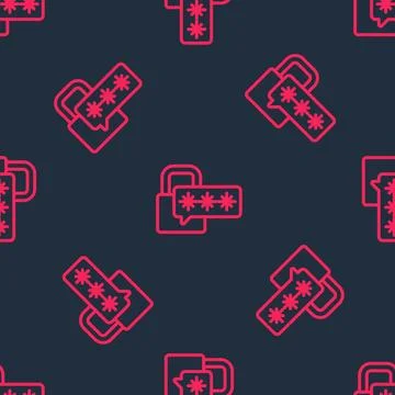 Red line Cyber security icon isolated seamless pattern on black background... Stock Illustration