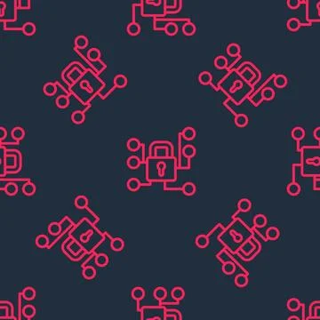 Red line Cyber security icon isolated seamless pattern on black background Illustrazione stock