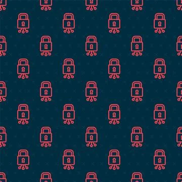 Red line Cyber security icon isolated seamless pattern on black background... Stock Illustration