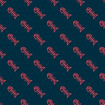 Red line Dead fish icon isolated seamless pattern on black background. Vector 스톡 일러스트