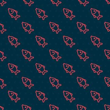 Red line Dead fish icon isolated seamless pattern on black background. Vector 스톡 일러스트