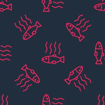 Red line Dead fish icon isolated seamless pattern on black background. Rotten Stock Illustration