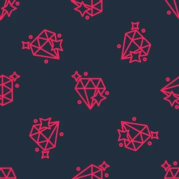 Red line Diamond icon isolated seamless pattern on black background. Jewelr.. Illustrazione stock