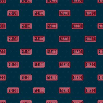 Red line Digital alarm clock icon isolated seamless pattern on black background Stock Illustration
