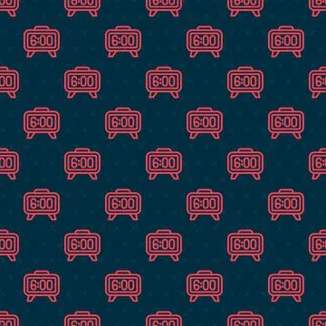 Red line Digital alarm clock icon isolated seamless pattern on black background Stock Illustration
