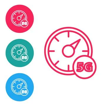 Red line Digital speed meter concept with 5G icon isolated on white background Stock Illustration