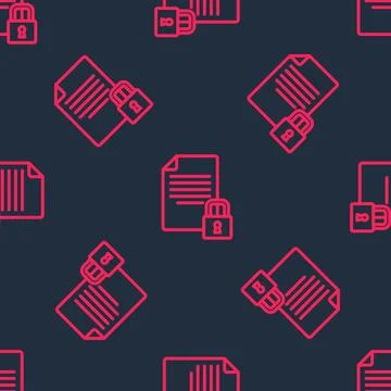 Red line Document and lock icon isolated seamless pattern on black background Stock Illustration