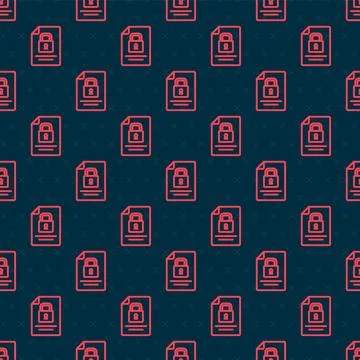Red line Document and lock icon isolated seamless pattern on black background Illustrazione stock
