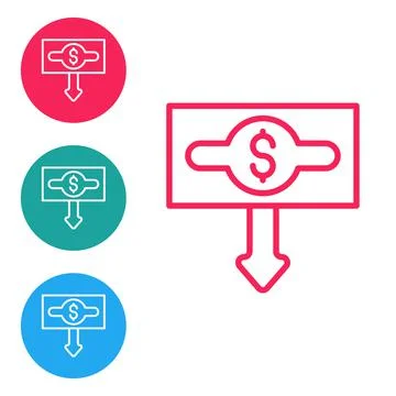 Red line Dollar rate decrease icon isolated on white background. Cost reduction Stock Illustration