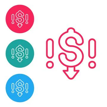 Red line Dollar rate decrease icon isolated on white background. Cost reduction Stock Illustration