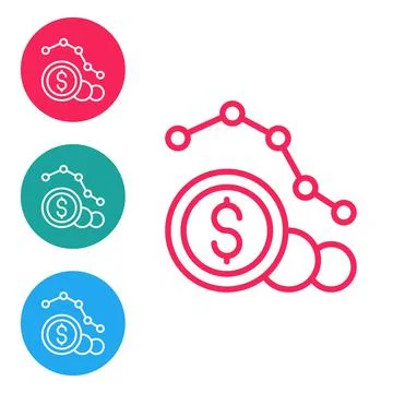 Red line Dollar rate decrease icon isolated on white background. Cost reduction Illustrazione stock