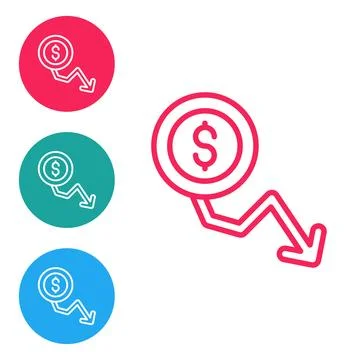 Red line Dollar rate decrease icon isolated on white background. Cost reduction Illustrazione stock