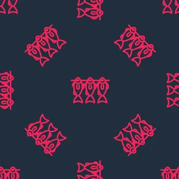Red line Dried fish icon isolated seamless pattern on black background. Vector Stock Illustration