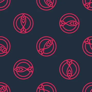 Red line Dried fish icon isolated seamless pattern on black background.  Vect Stock Illustration