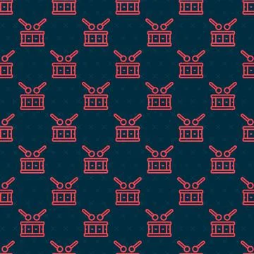 Red line Drum with drum sticks icon isolated seamless pattern on black Stock Illustration