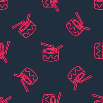 Red line Drum with drum sticks icon isolated seamless pattern on black Stock Illustration