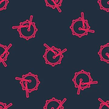 Red line Drum with drum sticks icon isolated seamless pattern on black Stock Illustration