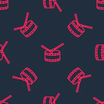 Red line Drum with drum sticks icon isolated seamless pattern on black Stock Illustration