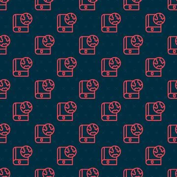 Red line Earth globe and book icon isolated seamless pattern on black backg.. Illustrazione stock