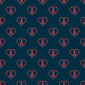 Red line Eiffel tower with heart icon isolated seamless pattern on black Stock Illustration