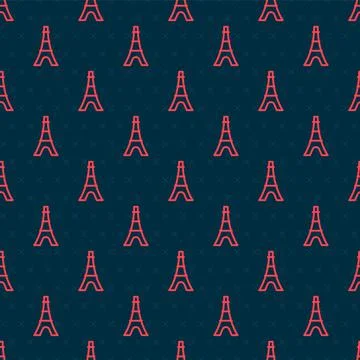 Red line Eiffel tower icon isolated seamless pattern on black background. France Stock Illustration