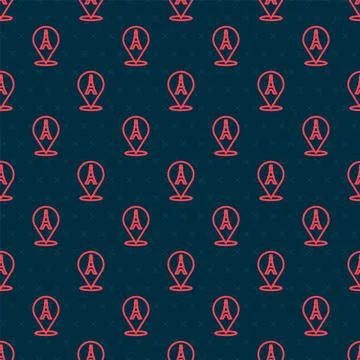 Red line Eiffel tower icon isolated seamless pattern on black background. France 스톡 일러스트