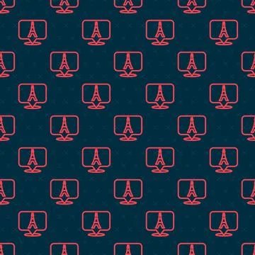 Red line Eiffel tower icon isolated seamless pattern on black background. Fra Stock Illustration