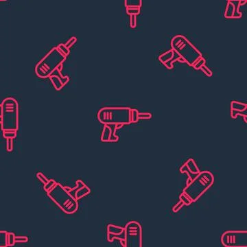 Red line Electric drill machine icon isolated seamless pattern on black 库存插图