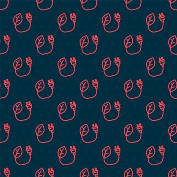 Red line Electric saving plug in leaf icon isolated seamless pattern on black Stock Illustration