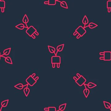 Red line Electric saving plug in leaf icon isolated seamless pattern on black イラスト素材