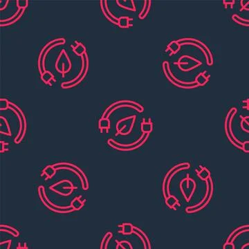 Red line Electric saving plug in leaf icon isolated seamless pattern on black Stock Illustration