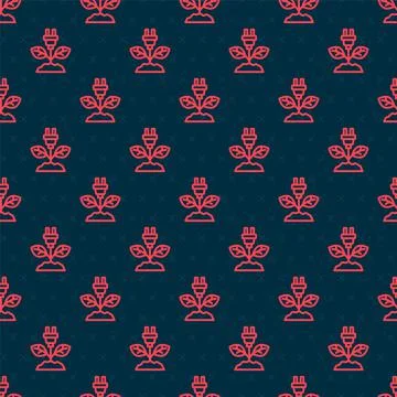 Red line Electric saving plug in leaf icon isolated seamless pattern on black Illustrazione stock