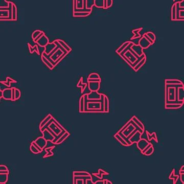 Red line Electrician technician engineer icon isolated seamless pattern on black イラスト素材