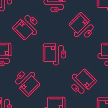 Red line Electronic book with mouse icon isolated seamless pattern on black 스톡 일러스트